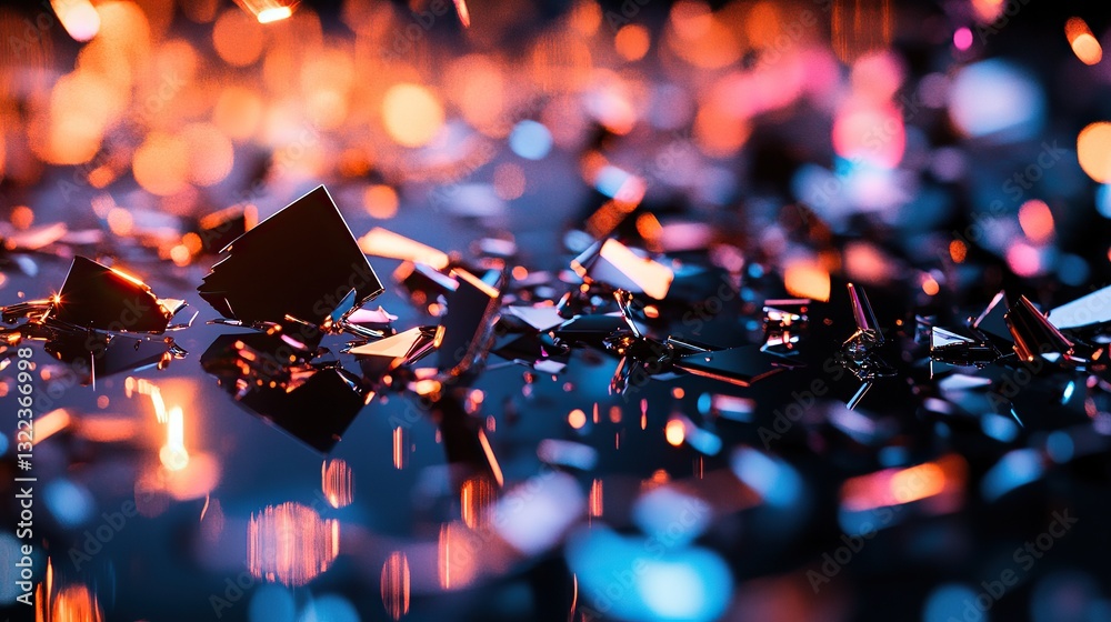 Fototapeta premium Sharp foil fragments scattered across a liquid chrome field