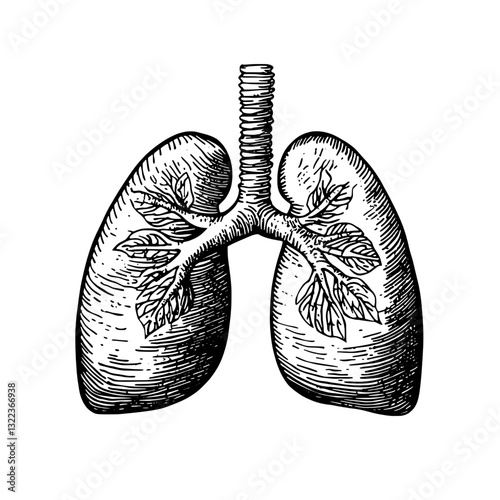 Engraved illustration of lungs intertwined with nature as a unique tattoo design for creative packaging ideas