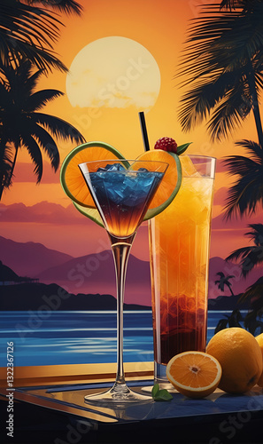 Brightly colored banner with cocktail and neon accents in the tropics.