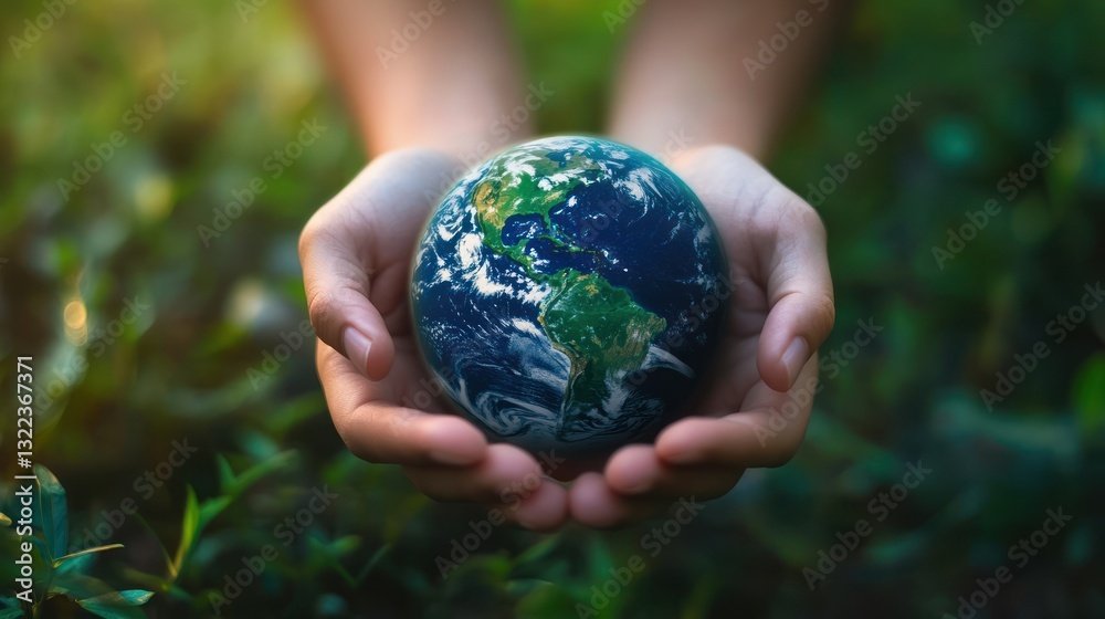Hands gently cradling a detailed miniature depiction of the world Hands gently cradling a detailed miniature depiction of the world