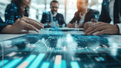 Business team analyzing financial data projected on a futuristic interactive touchscreen interface, working together using innovative technology for investment strategy and market analysis