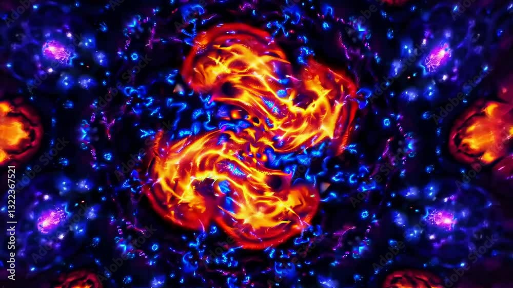 Vibrant fractal patterns morphing and glowing, generating dynamic visual energy for digital art, video backgrounds, and live performance graphics