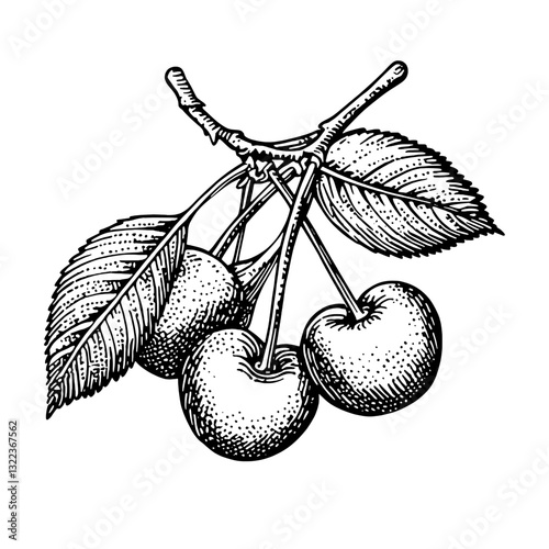 Intricate engraving of cherry branches with leaves for artistic expression and versatile application