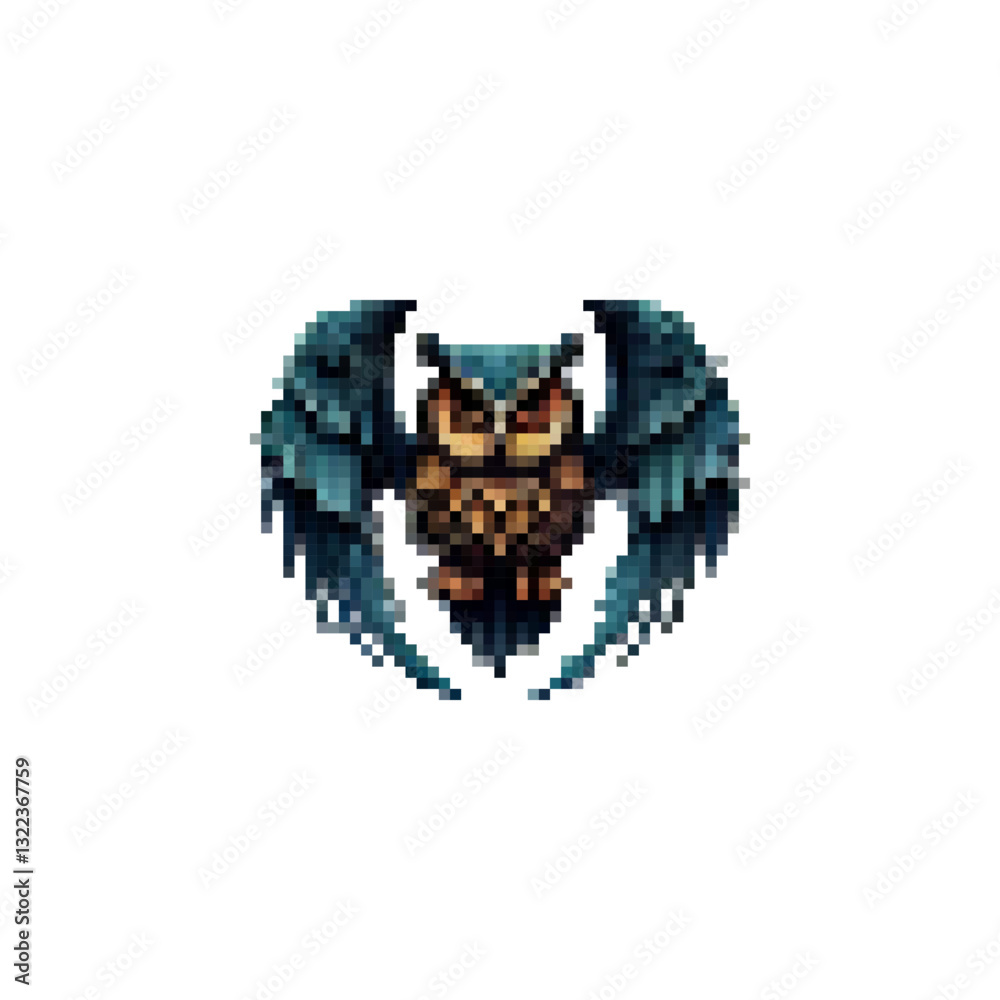 Fototapeta premium Pixel blue owl icon vector. Mystical owl with wings icon. Owl logo in retro style. Owl wings vintage icon vector. Symbol of silence vector. Magical owls logo.