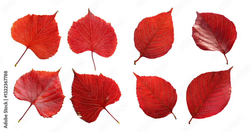Obraz premium Vibrant Red Leaves on White Background for Autumn Decoration Ideas, Bundle Set Collection, Isolated on Transparent Background