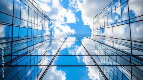 Skyscraper Reflects Blue Sky and Clouds From Ground Level Perspective