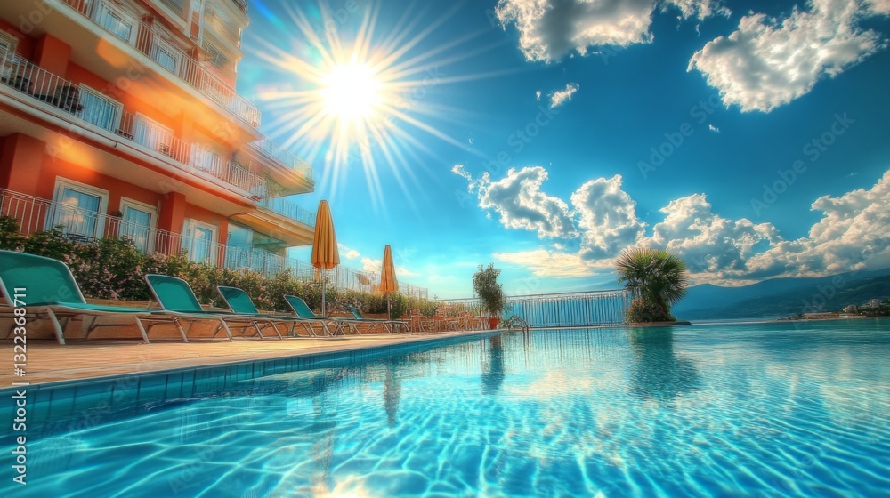 Fototapeta premium Sparkling sunlit poolside at vibrant hotel with elegant loungers and umbrellas