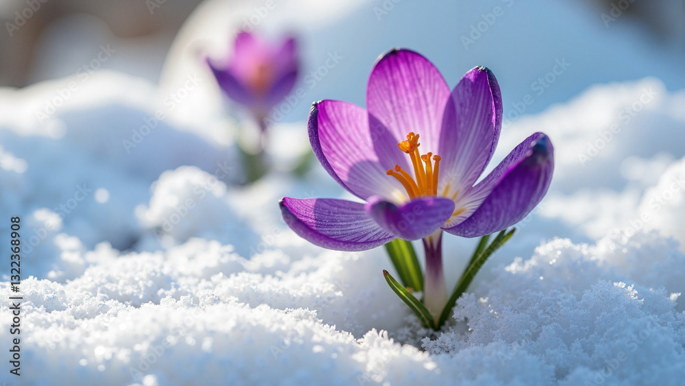 Vibrant Crocus Flower Emerging from Snow: A Symbol of Spring's Resilience for Seasonal Marketing and Wellness Campaigns Vibrant Crocus Flower Emerging from Snow: A Symbol of Spring's Resilience for Seasonal Marketing and Wellness Campaigns