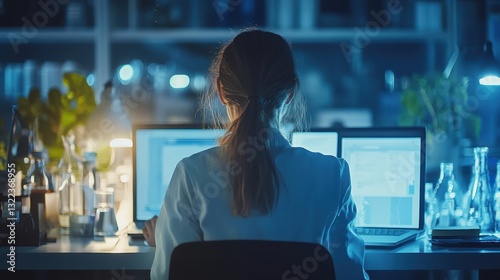 A woman back is turned, revealing her hands meticulously typing on a laptop at an office desk, her brow furrowed in concentration as she navigates the digital landscape.