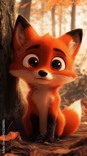 Enchanting Fox in Autumn: A charming, animated fox with expressive eyes sits amidst a vibrant autumnal forest setting, exuding a sense of wonder and playfulness.