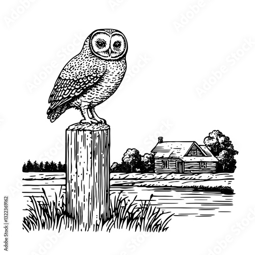 Engraved owl perched on a post near a tranquil cabin beside a serene lake at dusk in a vintage style illustration