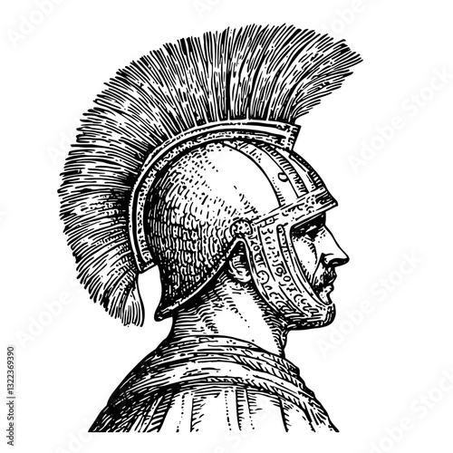 Intricate engraved illustration of a Roman soldier with a feathered helmet showing detailed artistry and historical significance
