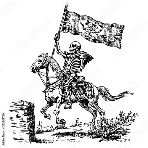 Skeleton knight on horseback brandishing a flag in an artistic, engraved style illustration reflecting a gothic theme