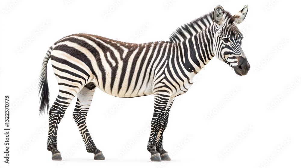 A young zebra, adorned with black stripes against a crisp white backdrop, stands gracefully in profile, its powerful legs poised for a stride, ready to capture the viewer imagination with its A young zebra, adorned with black stripes against a crisp white backdrop, stands gracefully in profile, its powerful legs poised for a stride, ready to capture the viewer imagination with its