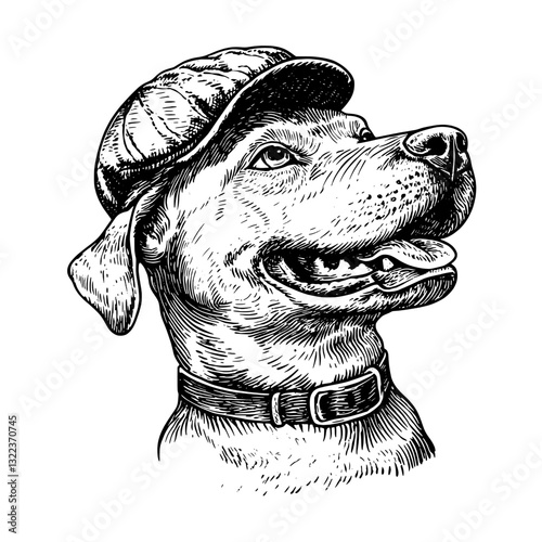 Illustrated vintage dog design wearing a charming cap in an exquisite engraving style for unique tattoo and packaging art