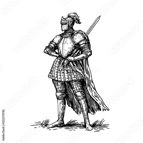 Engraved illustration of a noble knight standing proudly in intricate armor with a flowing cape and sword