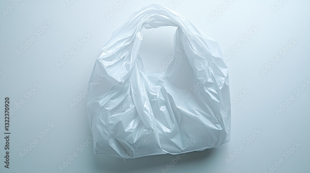 Obraz premium A blank white plastic bag lies abandoned against a stark white background, its emptiness a stark reminder of its potential to hold a world of contents, awaiting its destined role in the consumer