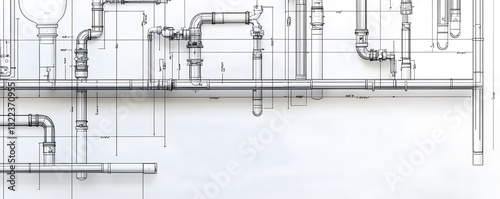 Detailed technical blueprint illustration of complex piping system components