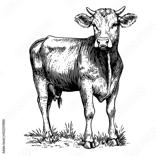 Intricate engraving of a standing cow, symbolizing rural life and agricultural traditions