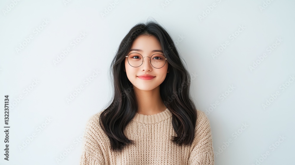 A young woman with glasses and long, wavy hair smiles warmly against a light wall background, creating a friendly and approachable vibe. A young woman with glasses and long, wavy hair smiles warmly against a light wall background, creating a friendly and approachable vibe.