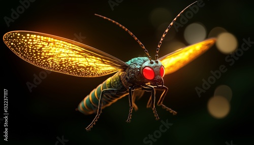 Luminous Firefly: A mesmerizing close-up of a firefly radiating an ethereal glow from its wings and body, set against a dark, mysterious backdrop. Capturing the magic of summer nights.