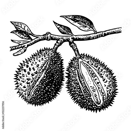 Engraving captures two ripe durian fruits clinging to a branch, displaying their unique spiky texture and deep green leaves