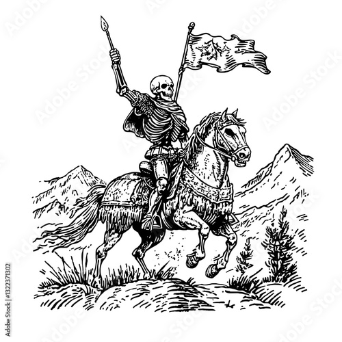 Skeleton warrior riding a horse through a mountainous landscape with a flag in hand, showcasing an epic and haunting elegance