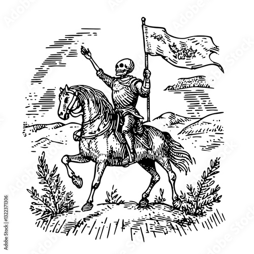 Skeleton knight on horseback waving flag in a detailed engraved style for tattoo and packaging design inspiration