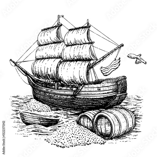 Engraved ship illustration showcasing adventure and trade on the high seas, ideal for tattoos and packaging designs