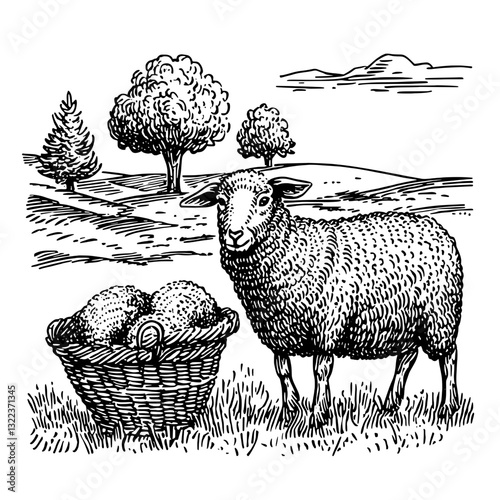 Engraved illustration of a sheep beside a woven basket in a tranquil rural landscape