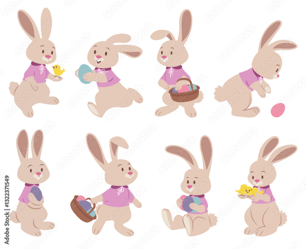 Set of cute Easter bunnies in different poses holding egg baskets, chick. Collection of cartoon rabbits isolated on white background. Spring holiday bundle. Animal wildlife. Vector illustrations. Set of cute Easter bunnies in different poses holding egg baskets, chick. Collection of cartoon rabbits isolated on white background. Spring holiday bundle. Animal wildlife. Vector illustrations.