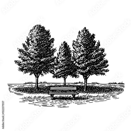 Artistic engraving of a serene park setting with three trees and a bench inviting tranquil moments in nature