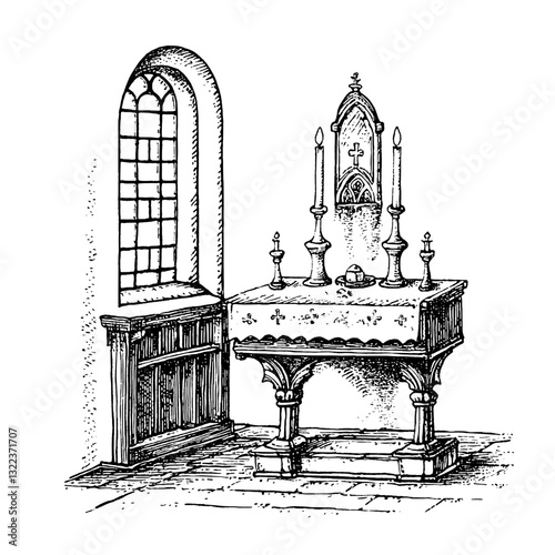 Elegant engraved illustration of a beautifully adorned altar and gothic window in a sacred space