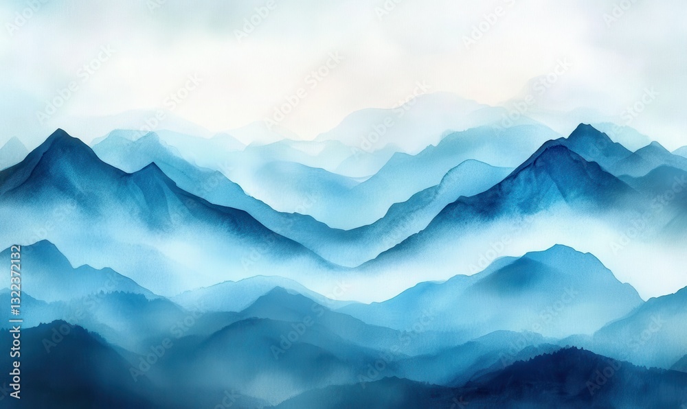 Obraz premium Abstract misty blue mountain landscape - the mountains, silhouettes hills on sunset. Watercolor hand drawn painting illustration.