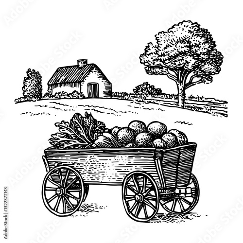 Rustic cart filled with freshly harvested vegetables near a quaint farmhouse and lush tree under a clear sky