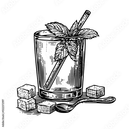 Delightful herbal refreshment in an engraved glass with mint and sugar cubes capturing artisanal craftsmanship