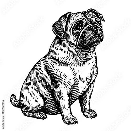 Intricate engraving of a pug dog showcasing its soulful expression perfect for tattoo art or unique packaging designs