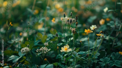 Beautiful Nature Landscape with Field of Wild Flowers and Leaves in Different Shades of Greens