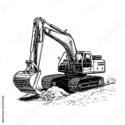 Heavy machinery digs deep into earth at a construction site under a bright, clear sky