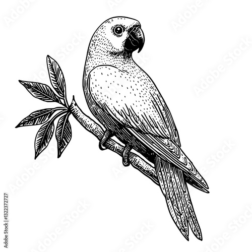 Detailed engraving of a parrot perched on a branch with intricate leaf designs for creative tattoo or packaging inspiration