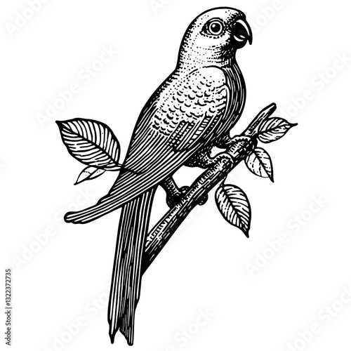 Elegant engraved parrot perched on a branch among vibrant leaves, perfect for tattoo enthusiasts and illustrative design lovers