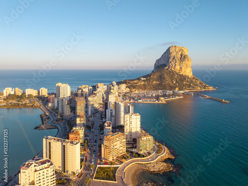 Aerial view of Calpe, Spain with Peñón de Ifach and Mediterranean coast