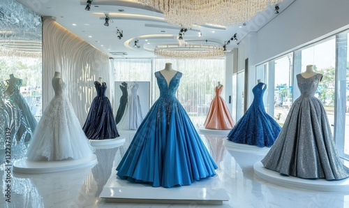 Elegant evening gowns displayed in a fashion exhibition setting.
