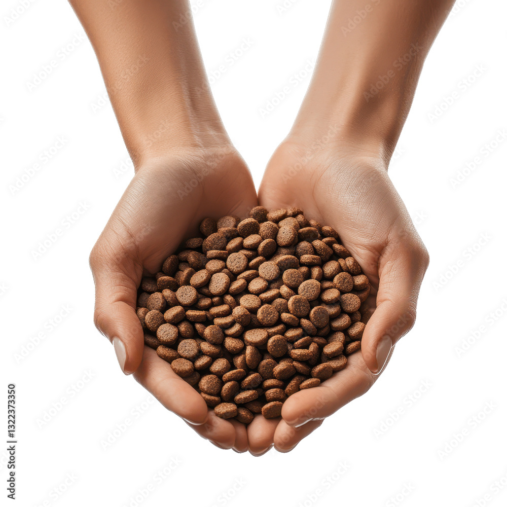 Hands hold dry dog food with care against a Transparent background for feeding pets, Womans Hands Holding Dog Food on PNG background Hands hold dry dog food with care against a Transparent background for feeding pets, Womans Hands Holding Dog Food on PNG background