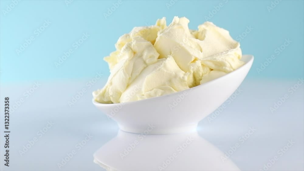 Mascarpone cream cheese close-up. Rotated mascarpone Italian soft milk cream closeup, on blue background. Homemade ice cream, yoghurt 