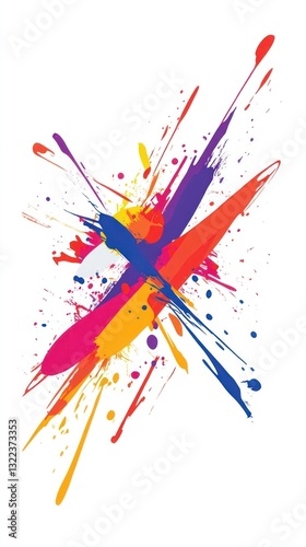 Illustration of an abstract composition of vibrant, multicolored paint splatters and streaks creating a dynamic and energetic visual effect against white background