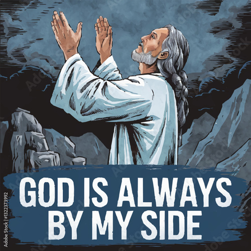 An image of a man who turns to God and thanks him.  Cartoon style. The illustration contains the inscription "God is always by my side". Vector graphics. EPS.