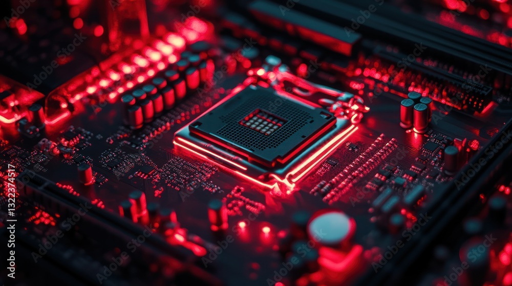 Close-up of a computer motherboard with a CPU socket illuminated in red. Close-up of a computer motherboard with a CPU socket illuminated in red.