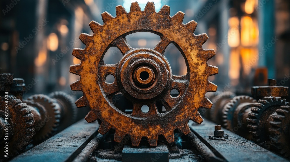 Rusty gear amidst industrial decay. Steel and rust combine for aging effect Rusty gear amidst industrial decay. Steel and rust combine for aging effect