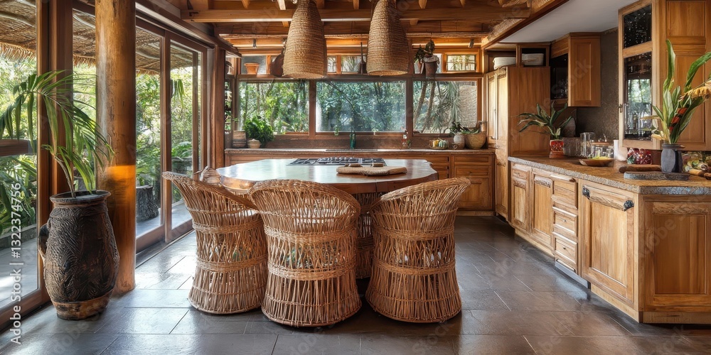 Fototapeta premium A beautiful wooden kitchen with woven chairs and natural light